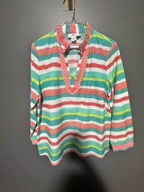 Vineyard Vines Striped Tunic Top Women’s Medium Coral Aqua Silk Cotton Blend